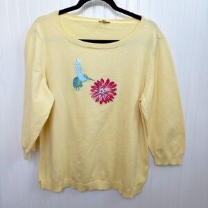 Talbots Butter Yellow Floral & Hummingbird Sweater Women’s Size XL